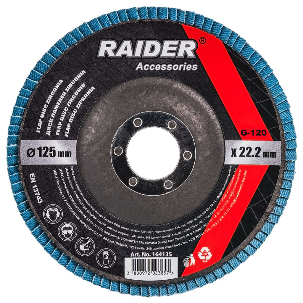 RAIDER Disc lamelar zirconiu 125mm G-120 Granule abrazive de zirconiu care oferă durabilitate Granulație G-120 Construcția lamelară permite o răcire mai bună în