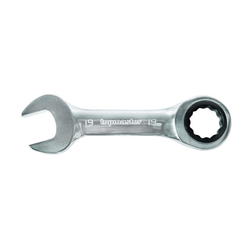 TOP MASTER PRO Cheie combinata cu clichet 17mm STUBBY CR-V TMP Capatul cheii este inclinat cu 15 ° pentru lucru facil in spatii inaccesibile Material: otel crom-vanadiu de inalta cali