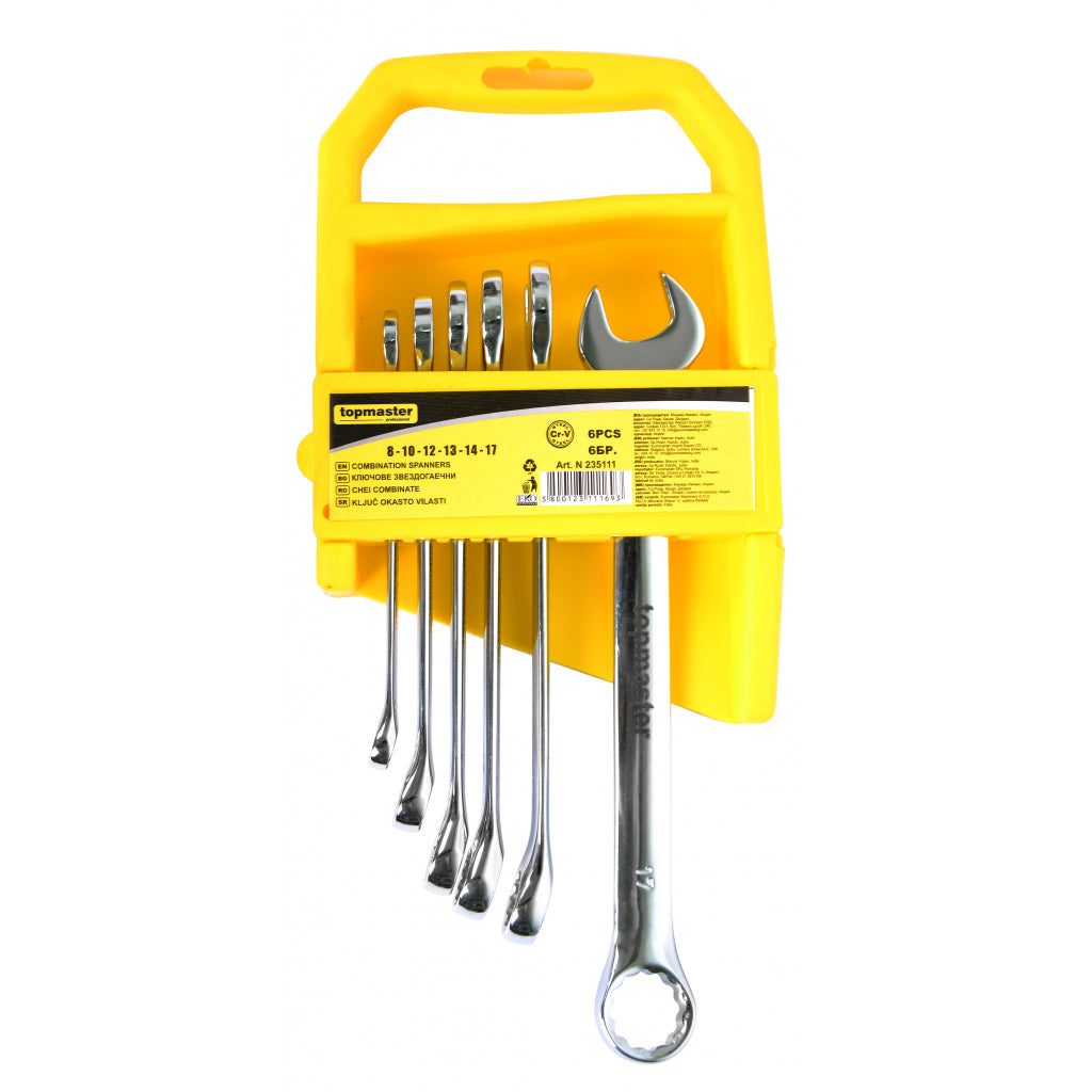 TOP MASTER PRO Chei combinate set 6pcs 8-17mm CR-V TMP Capatul cheii este inclinat cu 15 ° pentru lucru facil in spatii inaccesibile Material: otel crom-vanadiu de inalta cali