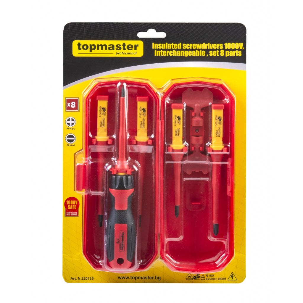 TOP MASTER PRO Set 8 surubelnite izolate VDE 1000V cu maner unic TMP Carcasă din plastic usor de transportat și depozitat