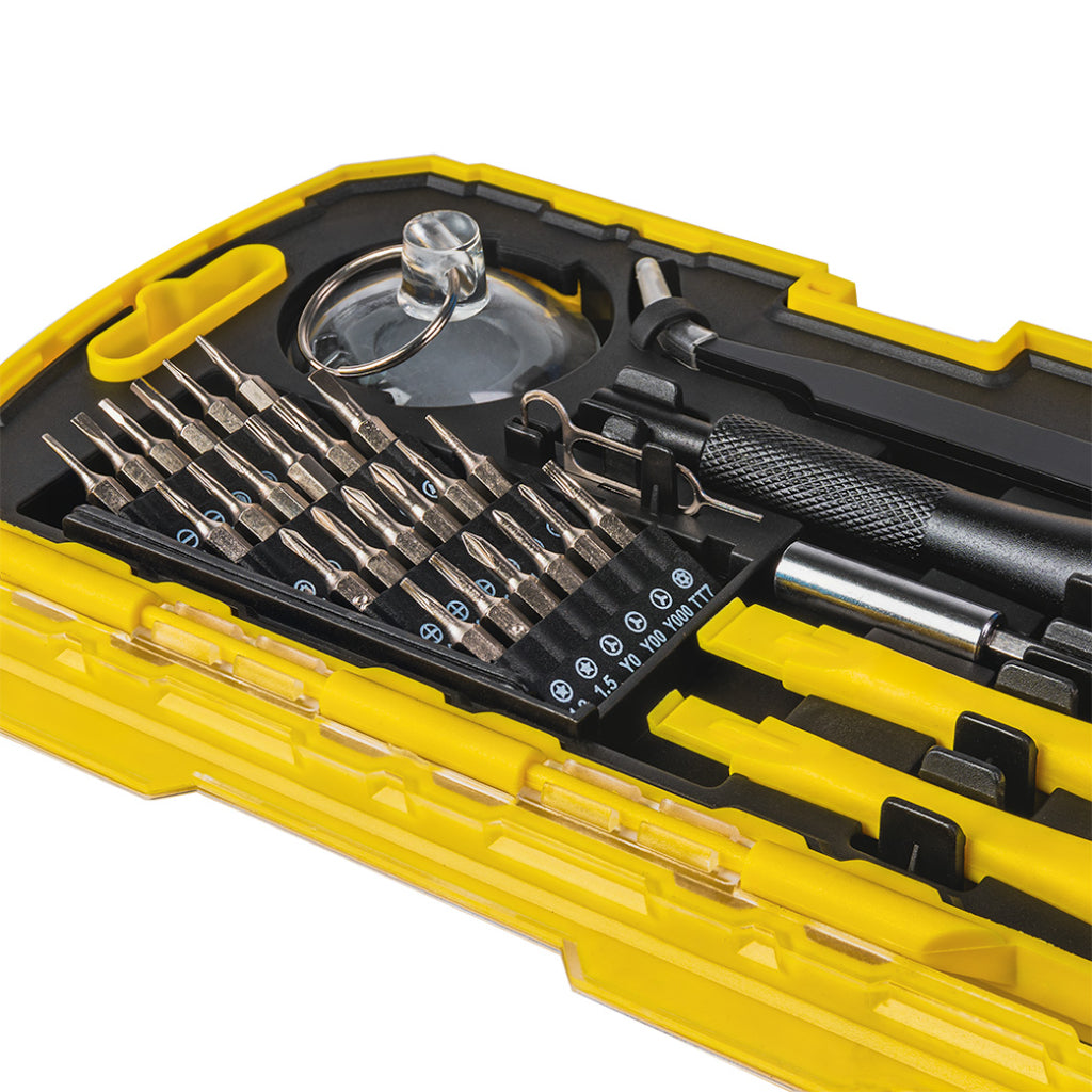 TOP MASTER PRO Set de biți de precizie, 32 buc. Setul include o mare varietate de biți care acoperă cele mai comune tipuri de șuruburi folosite în dispozitivele electro