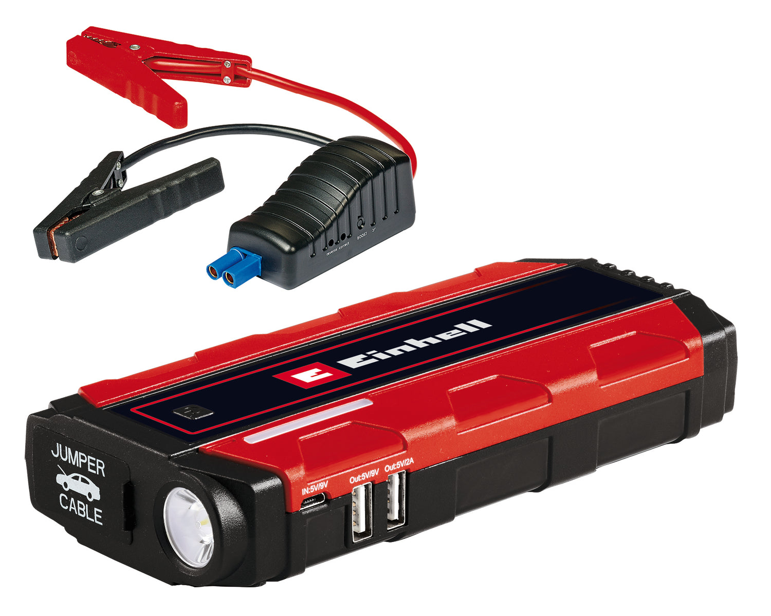 Einhell CE-JS 8/1 indító, 12 V, 3x2500 mAh újratölthető LiPo akkumulátor, LED töltésjelző, LED lámpa, 12V/200A indítás, indítókábel, 2 USB port