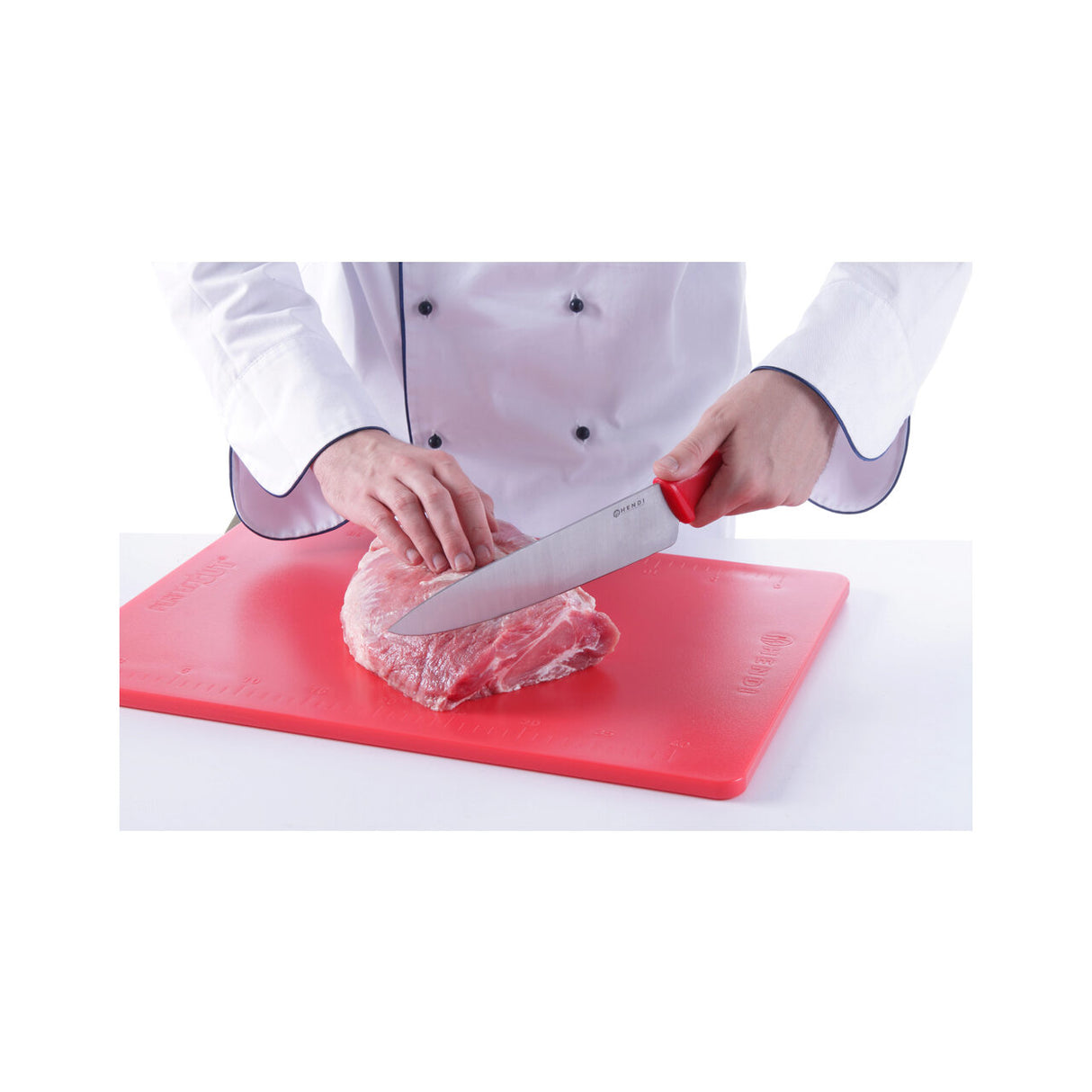 Cutitul bucatarului, maner rosu, lama inox grosime 2,5 mm, 240/385 mm, Hendi, potrivit si pt uz profesional
