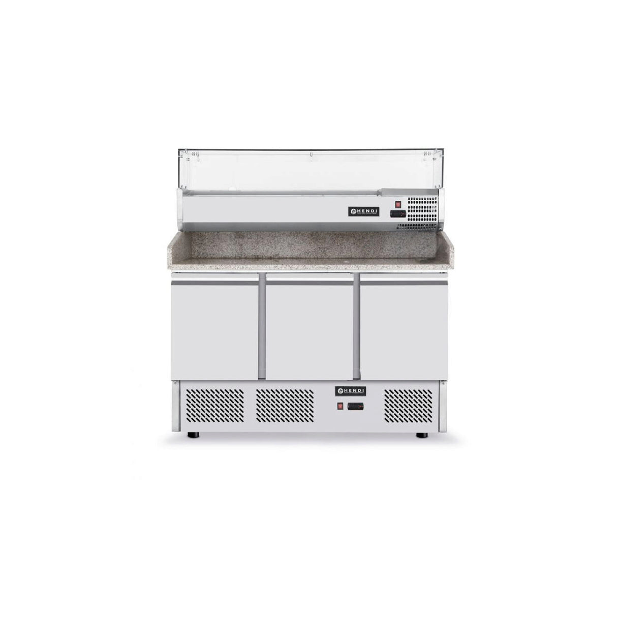 Masa frigorifica cu 3 usi, pentru pizza, cu vitrina ingrediente cu 6 tavi GN 1/4, 270+170 W, ARKTIC by Hendi, 140x70x(H)144.5 cm