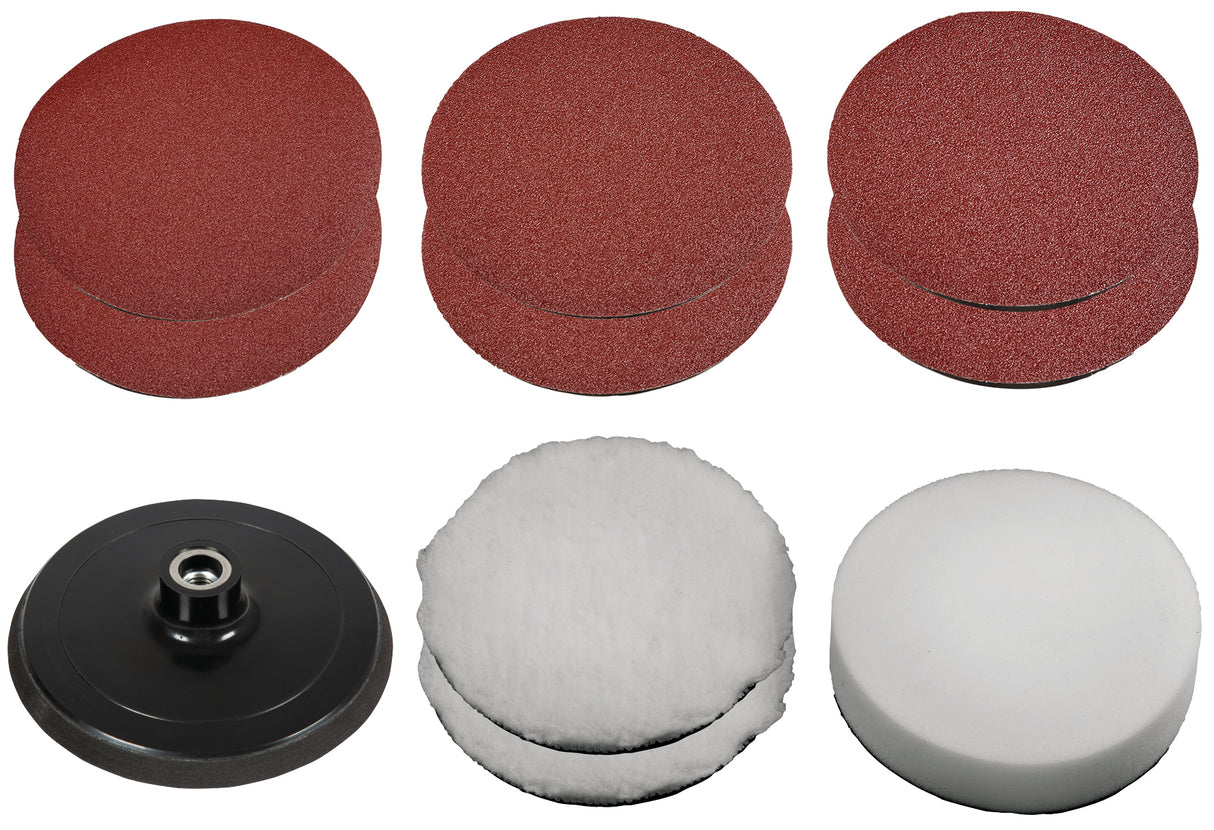 Set original Einhell de 10 bucati boneta de lustruire si hartie abraziva (accesorii pentru unelte de lustruit si slefuit, potrivite pentru unelte de lustruit si slefuit Einhell cu Ø 150 mm)