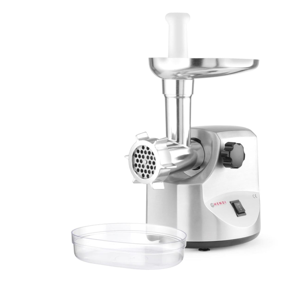 Masina de tocat carne, 2 discuri taiere incluse 4 si 7 mm, 3 accesorii umplere carnati 12, 15, 20 mm, Hendi 198, corp aluminiu, palnie fonta, 400W
