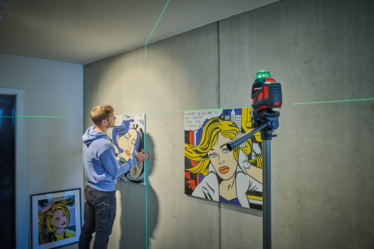 Laser cu linii in cruce Einhell TC-LL 360 G, autonivelare, linii laser verzi orizontale/verticale, nivela digitala, filet pentru trepied de 1/4", inclusiv husa si suport de montare pe perete