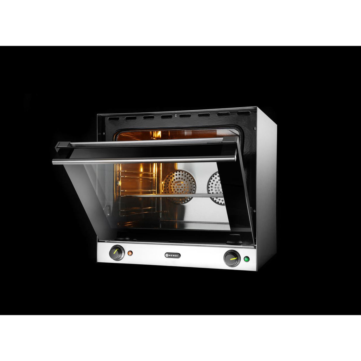 Cuptor convectie Hendi H90, 4 tavi 438x315 mm incluse, 2 elemente incalzire, 2 ventilatoare, termostat reglabil 50-300 gr C, timer 0-120 min, 2670 W,595x624x(H)572mm
