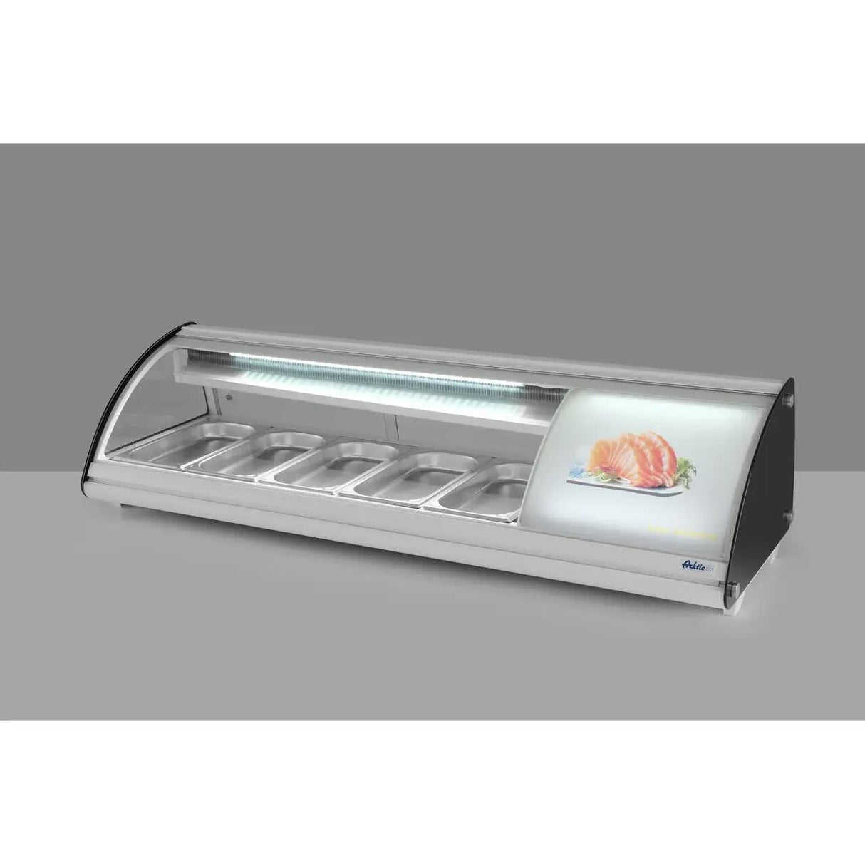Vitrina sushi, 63 lt, pt 5 tavi GN1/3, interval temp 0-6 gr C, 160 W, geamuri glisante, corp inox, ARKTIC by Hendi, 1307x450x(H)330 mm