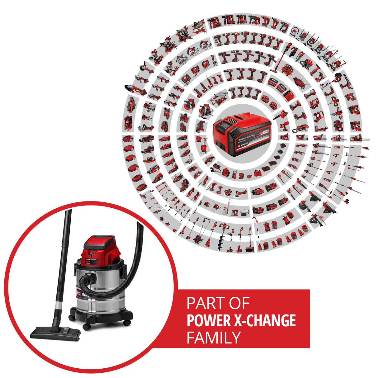 Einhell TC-VC 18/20 Li S-Solo Power X-Change akkus száraz/nedves porszívó (18 V, 20 literes rozsdamentes acél görgők, tartozéktartó különféle szűrőkkel és fúvókákkal, akkumulátor nélkül)