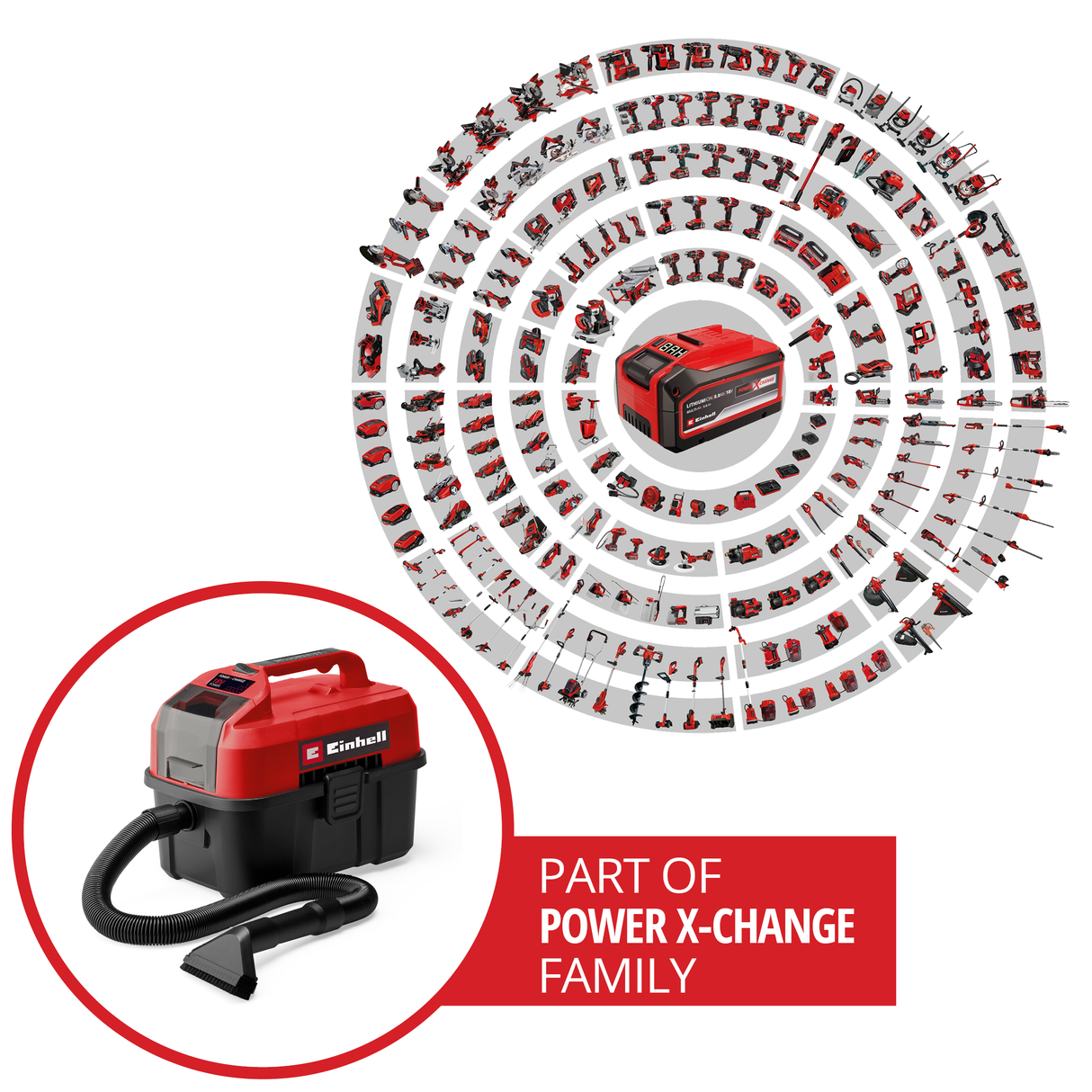 Einhell TE-VC 18/10 Li-Solo Power X-Change 18 V akkus száraz/nedves porszívó, 10 literes tartállyal, 2 m tömlővel, réstisztító/kefével + kárpittisztító/univerzális szívófejjel, akkumulátor nélkül