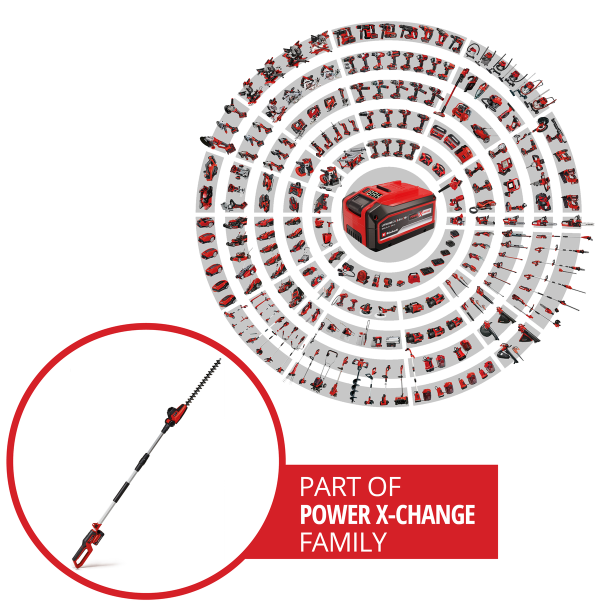 Masina de tuns gard viu telescopica pe acumulator Einhell GC-HH 18/45 Li T-Solo Power X-Change, litiu-ion, maner principal rotativ, angrenaje metalice, cap motor inclinabil in 7 directii, fara baterie si incarcator