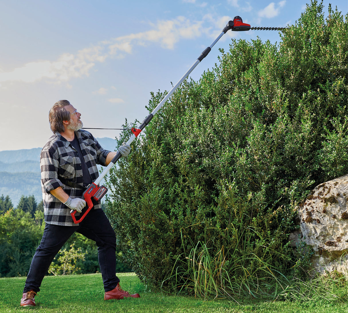 Masina de tuns gard viu telescopica pe acumulator Einhell GC-HH 18/45 Li T-Solo Power X-Change, litiu-ion, maner principal rotativ, angrenaje metalice, cap motor inclinabil in 7 directii, fara baterie si incarcator