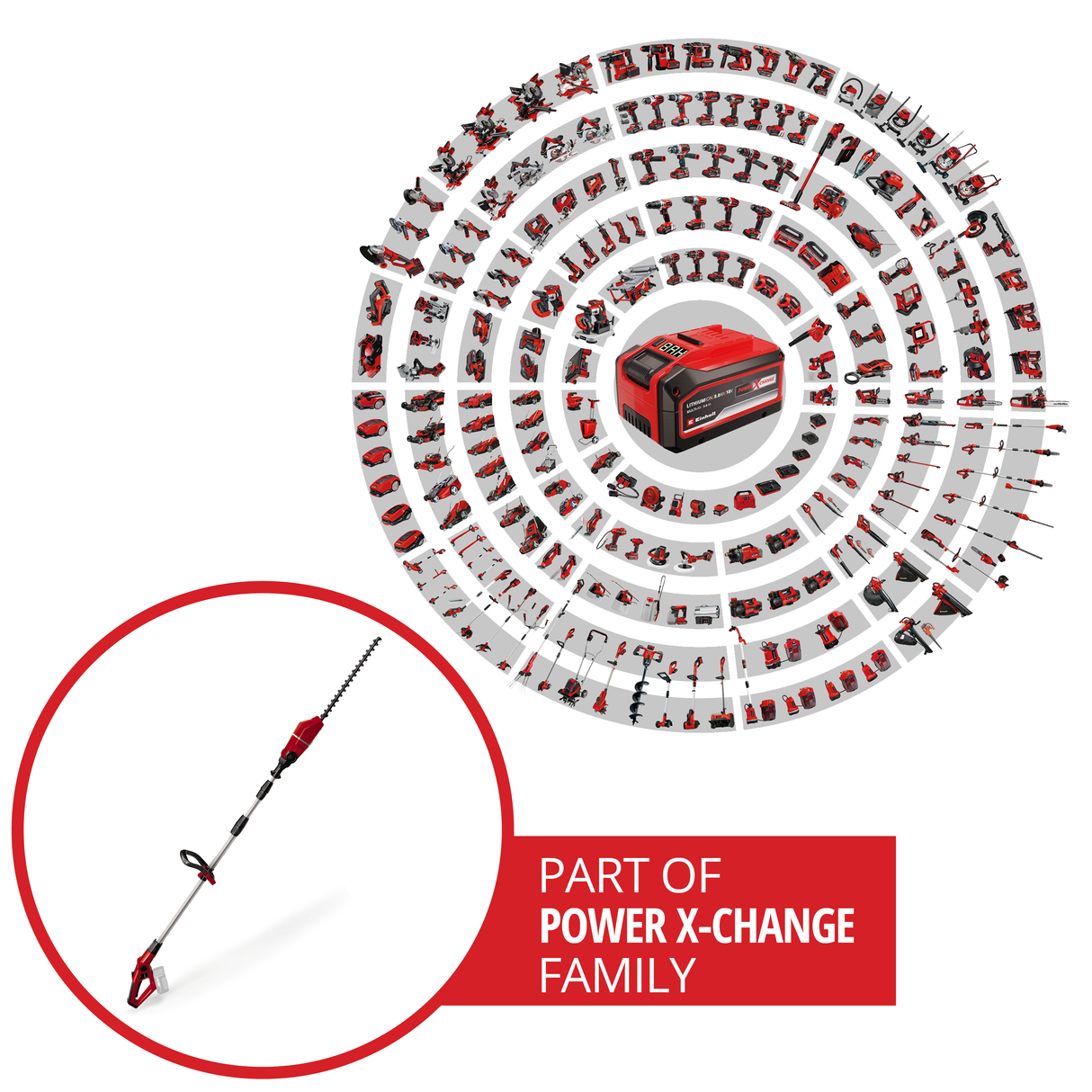 Masina de tuns gard viu telescopica pe acumulator Einhell GE-HH 18/45 Li T-Solo Power X-Change, Li-Ion, 18 V, lungime lama 45 cm, lama din otel slefuita cu diamant, fara baterie si incarcator