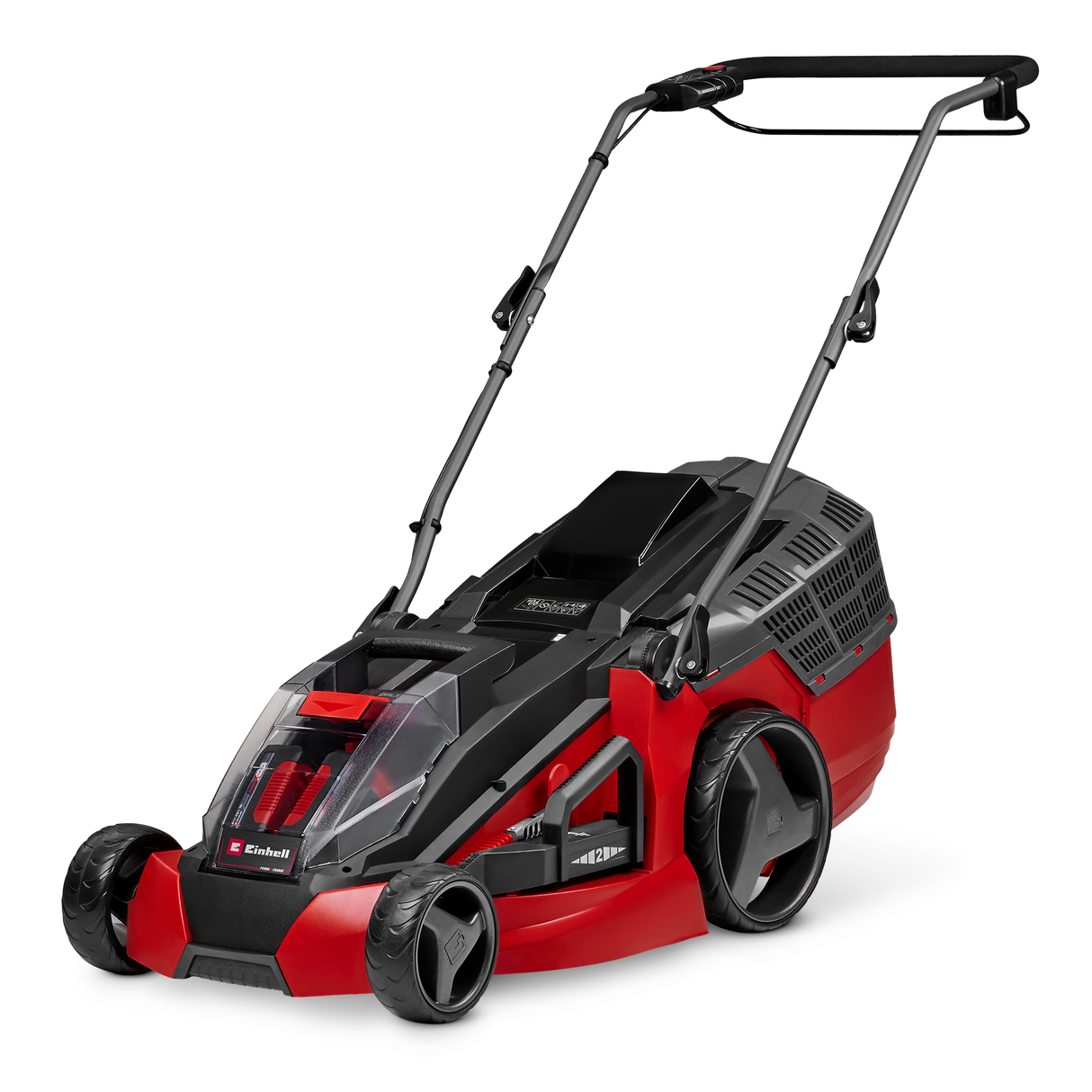 Masina de tuns iarba pe acumulator Einhell GE-CM 43 Li M Kit Power X-Change, 36V, latime de taiere 43 cm, pana la 600 m², fara perii, kit de mulcire, colector de iarba de 63L, inaltime de taiere 25-75 mm, inclusiv 2 baterii de 4,0 Ah + 2 incarcatoare