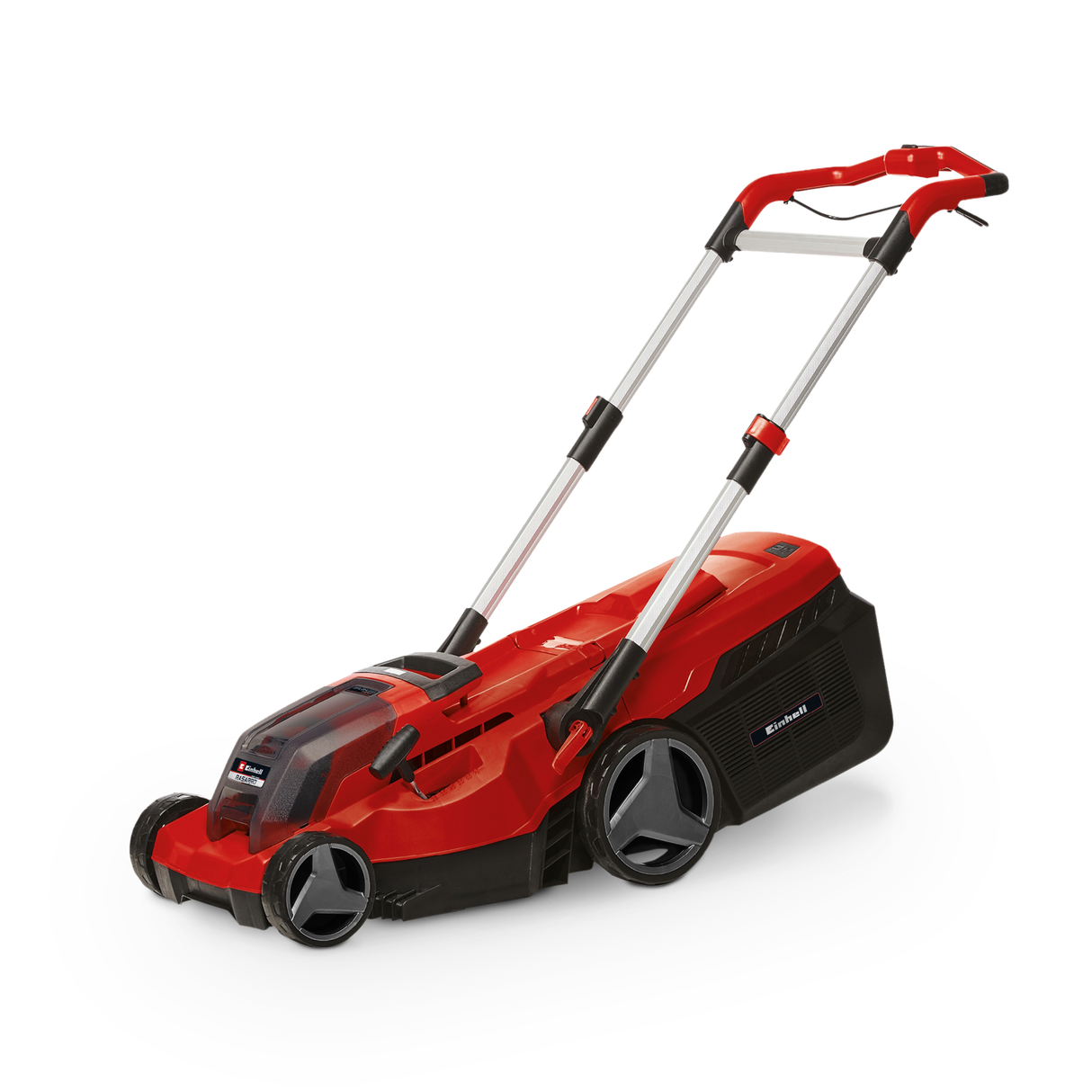 Masina de tuns iarba/gazon pe acumulator Einhell RASARRO 36/38 (litiu-ion, motor fara perii, reglare centrala a inaltimii de taiere pe 6 niveluri, incl. 2 baterii Power X-Change de 4,0 Ah + incarcator dublu, dop pentru mulcire