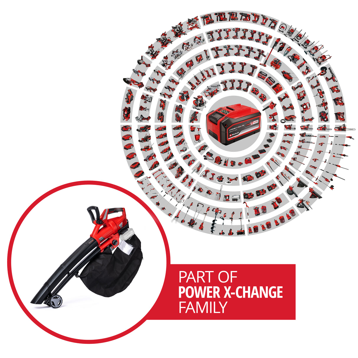 Einhell GE-CL 36 Li E-Solo Power X-Change akkus lombfúvó/porszívó, lítium-ion akkumulátorral, 2 x 18 V-os akkumulátorral, 210 km/h légsebességgel, szénkefe nélküli motorral, 45 literes gyűjtőzsákkal, hordszíjjal, akkumulátor és töltő nélkül