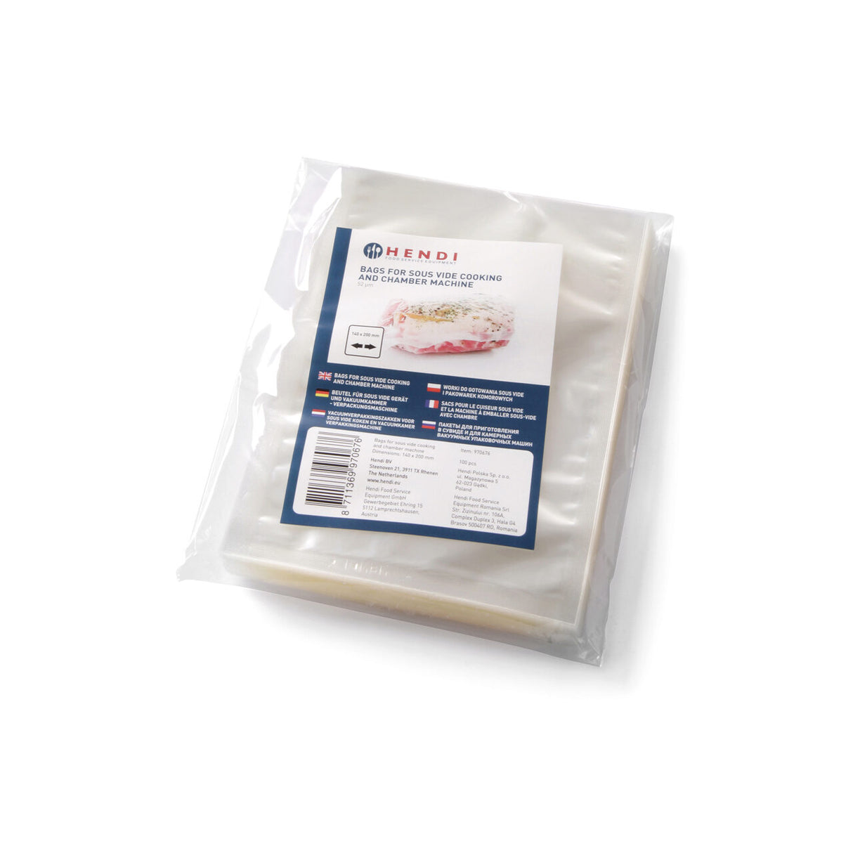 Set 100 buc pungi vacuum netede 150x200 mm, ideale pentru gatit in sistem Sous-vide, Hendi, 2 straturi, 75 microni grosime