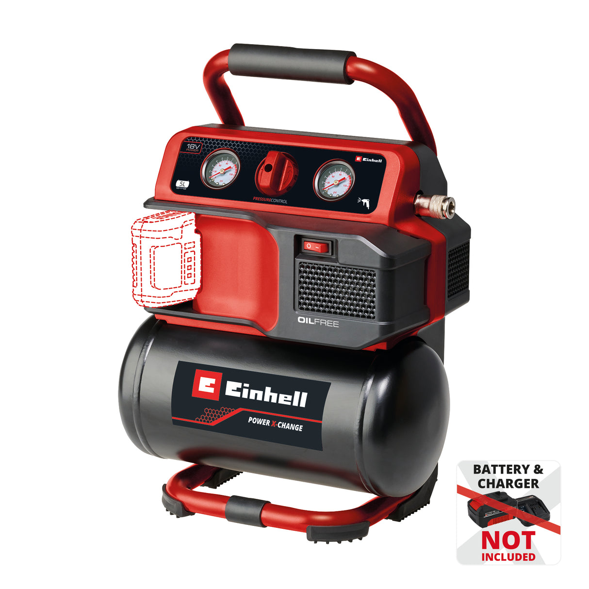 Compresor pe acumulator Einhell TE-AC 18/75 Li OF-Solo Power X-Change (18 V, max. 8 bar, rezervor de 5 L, capacitate admisie 75 L/min, 2x manometre, fara ulei, fara acumulator