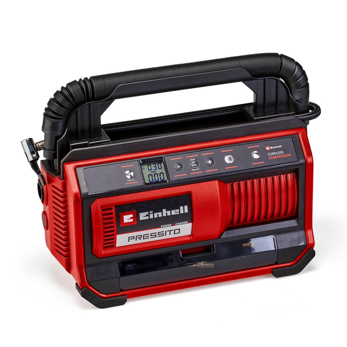 Compresor pe acumulator Einhell PRESSITO 18/25 Power X-Change (18 V, max. 11 bar, incl. set de 3 adaptoare, incl. furtun de inalta presiune de 71 cm si furtun de joasa presiune de 1,6 m, fara acumulator