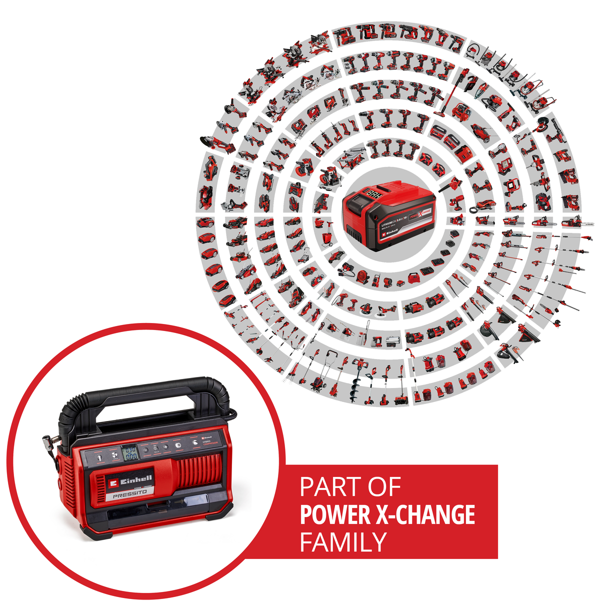 Compresor hibrid Einhell PRESSITO 18/25 Hybrid Power X-Change, 18 V, functionare cu cablu de alimentare sau acumulator, max. 11 bar, incl. 4 buc. set adaptor si 2 furtunuri, fara acumulator