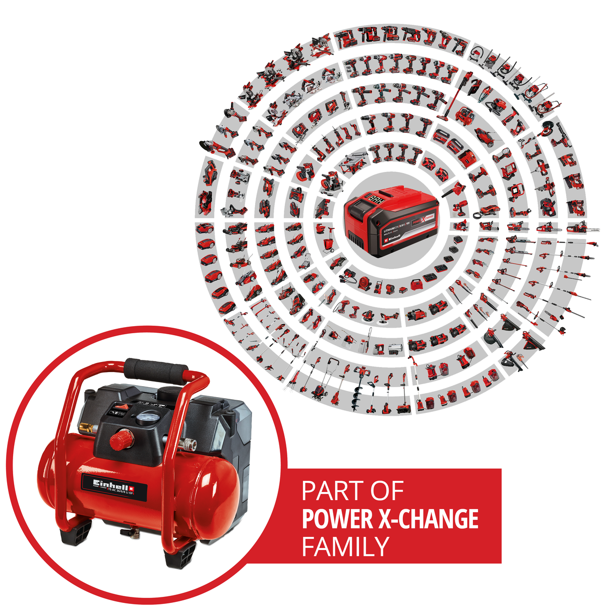 Einhell TE-AC 36/6/8 Li OF teljesítménykészlet X-Change akkumulátoros kompresszor (2x18V, lítium-ion, max. 8 bar, 6 literes tartály, olajmentes szivattyú, tartozékokkal, akkumulátor és töltő nélkül)