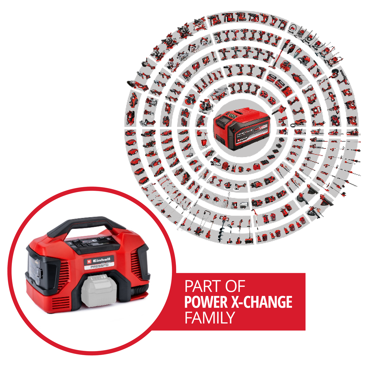 Compresor pe acumulator Einhell PRESSITO Power X-Change, 18 V, max. 11 bar, lungime furtun 31 cm, inclusiv set adaptor 3 piese, fara acumulator