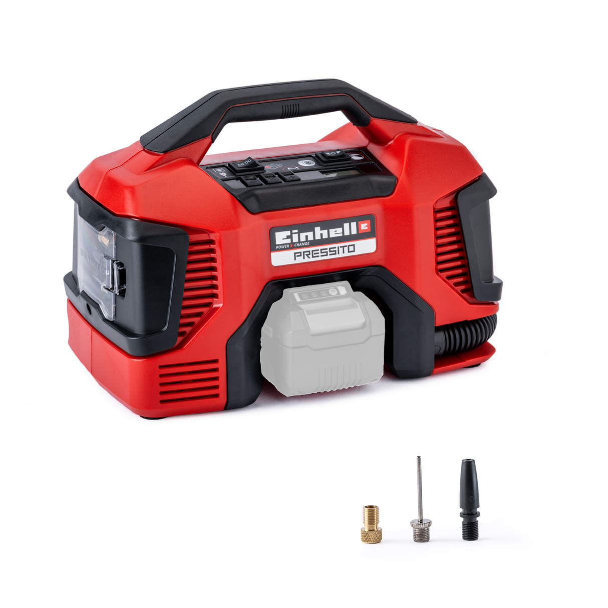 Compresor pe acumulator Einhell PRESSITO Power X-Change, 18 V, max. 11 bar, lungime furtun 31 cm, inclusiv set adaptor 3 piese, fara acumulator
