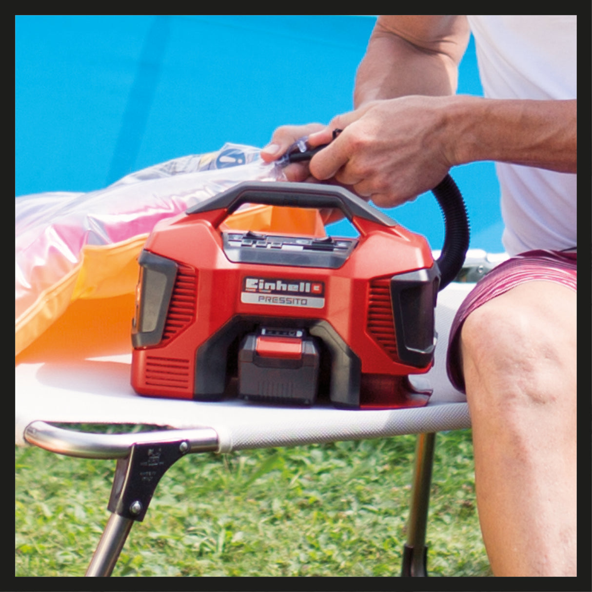 Compresor pe acumulator Einhell PRESSITO Power X-Change, 18 V, max. 11 bar, lungime furtun 31 cm, inclusiv set adaptor 3 piese, fara acumulator