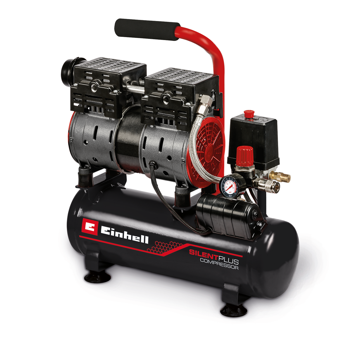 Einhell TE-AC 110/6 Silent Plus kompresszor, csendes kompresszor 550 W teljesítménnyel, max. 8 bar nyomással, olaj- és szervizmentes motorral, 6 literes tartállyal, nyomásmérővel és gyorscsatlakozóval, biztonsági szeleppel
