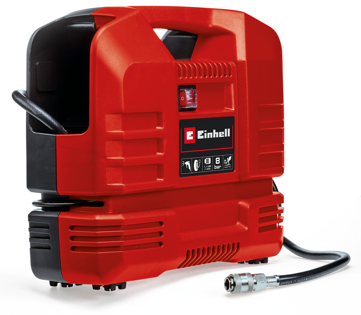 Set compresor Einhell TC-AC 190 OF, 1100 W, max. 8 bar, debit de aspiratie 190 L/min, turatie motor 15000 rpm, furtun de 3 metri, include set adaptor 3 piese, fara ulei