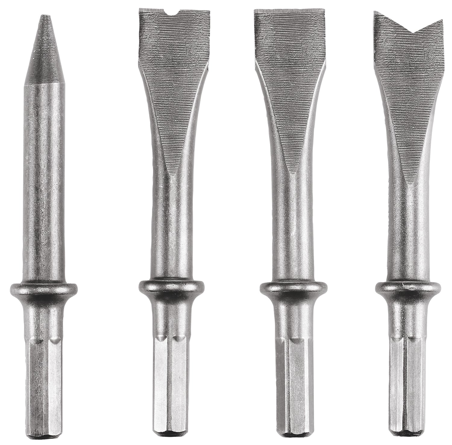 Eredeti Einhell 4 részes vésőkészlet (vésőkalapács tartozékok, acél, 120 mm, hatszögletű szárral, pneumatikus vésőkalapácsokhoz, például TC-PC 45-höz, 3 db laposvésővel és 1 db hegyesvésővel)