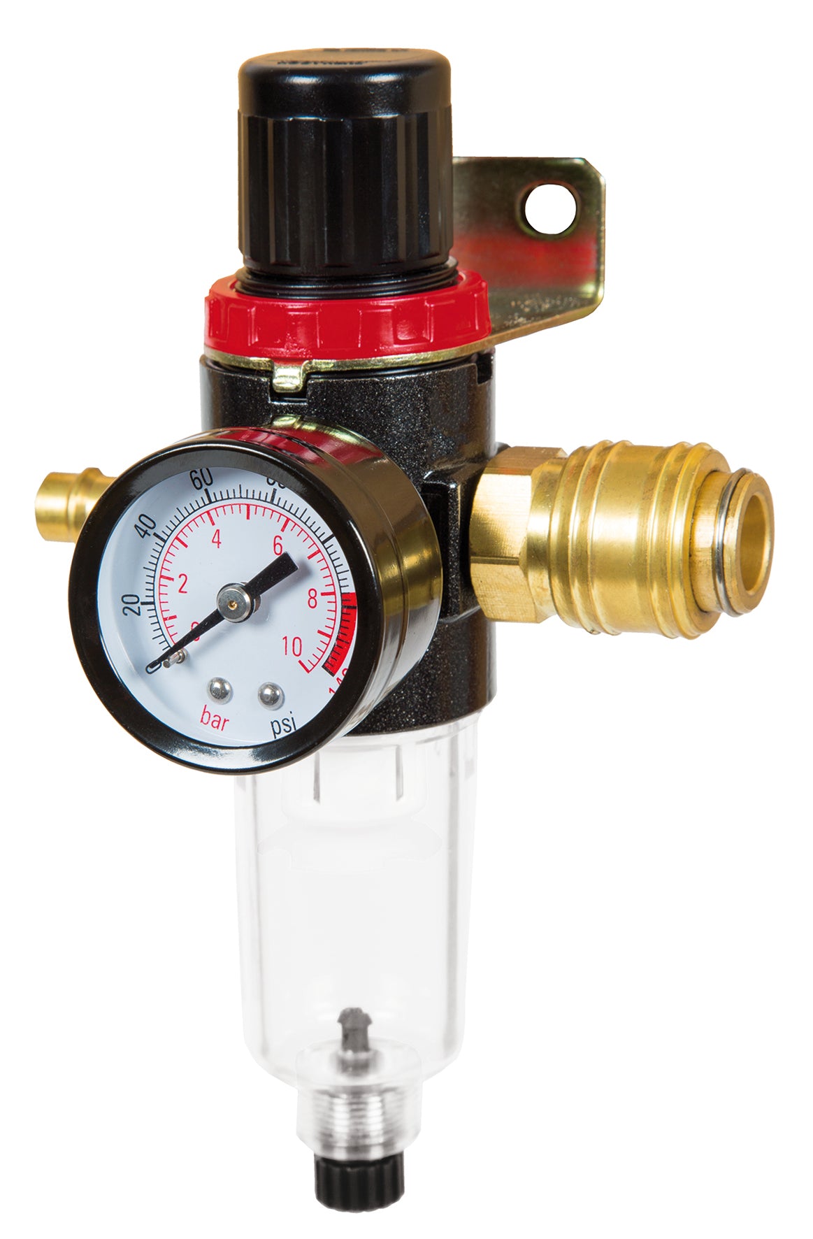 Eredeti Einhell R 1/4"-os szűrőnyomás-csökkentő (kompresszor tartozék, tiszta, száraz, szabályozott sűrített levegőhöz, szűrőfunkcióval, beépített nyomásmérővel, 8 bar-ig állítható)