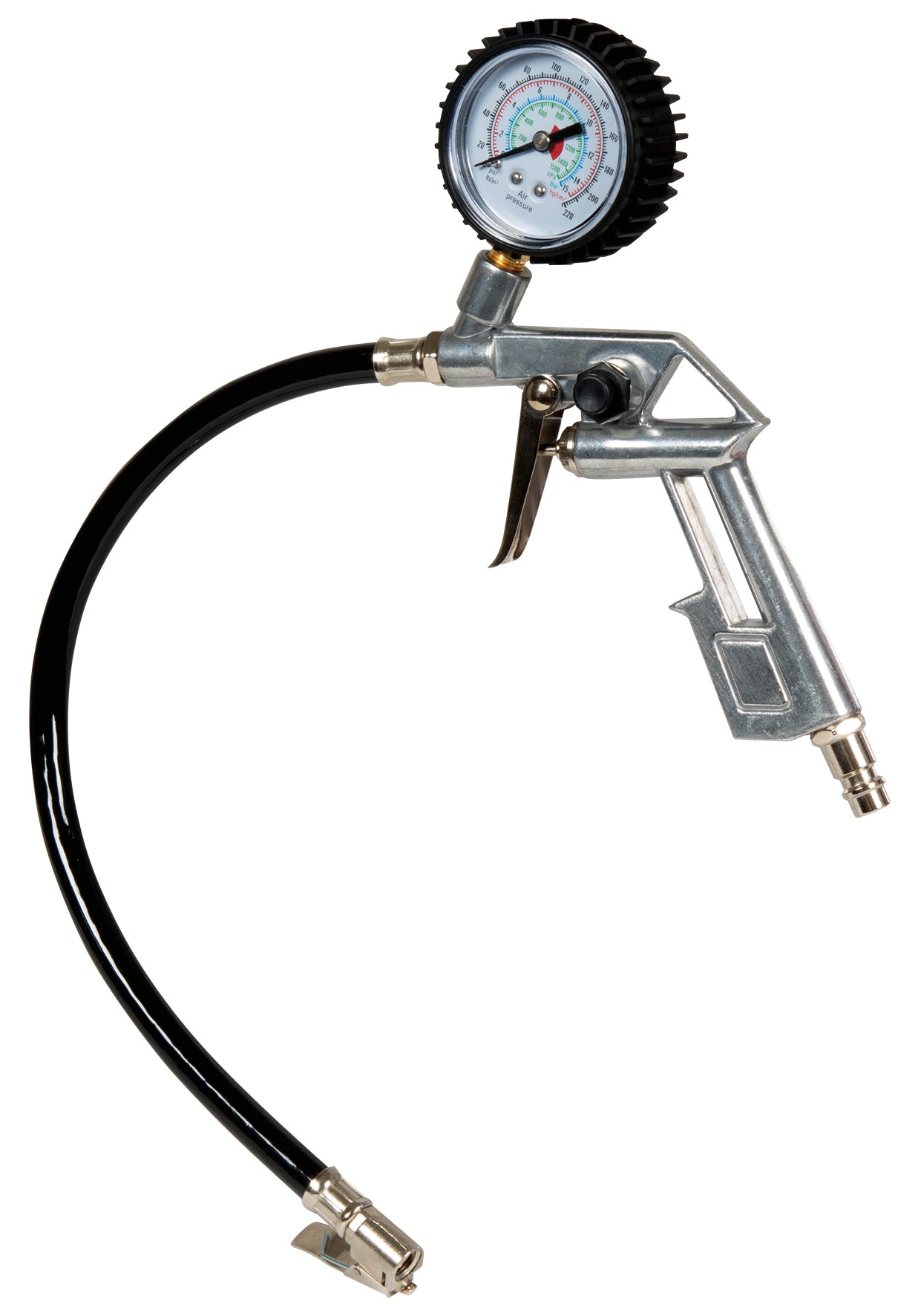 Guminyomásmérő, Einhell, kompresszor tartozékok, nyomásmérő kPa, bar, psi és kg/cm² nyomáskijelzéssel, üzemi nyomás 0 - 8 bar, 37 cm-es tömlő