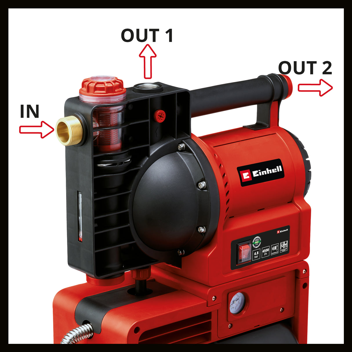 Einhell GE-WW 1145 ECO vízpumpa (1100 W, 20 l-es tartály, víz-/szennyeződés-/szívócső-töltésjelző, fagy-/hővédelem, előszűrő egyirányú szeleppel)