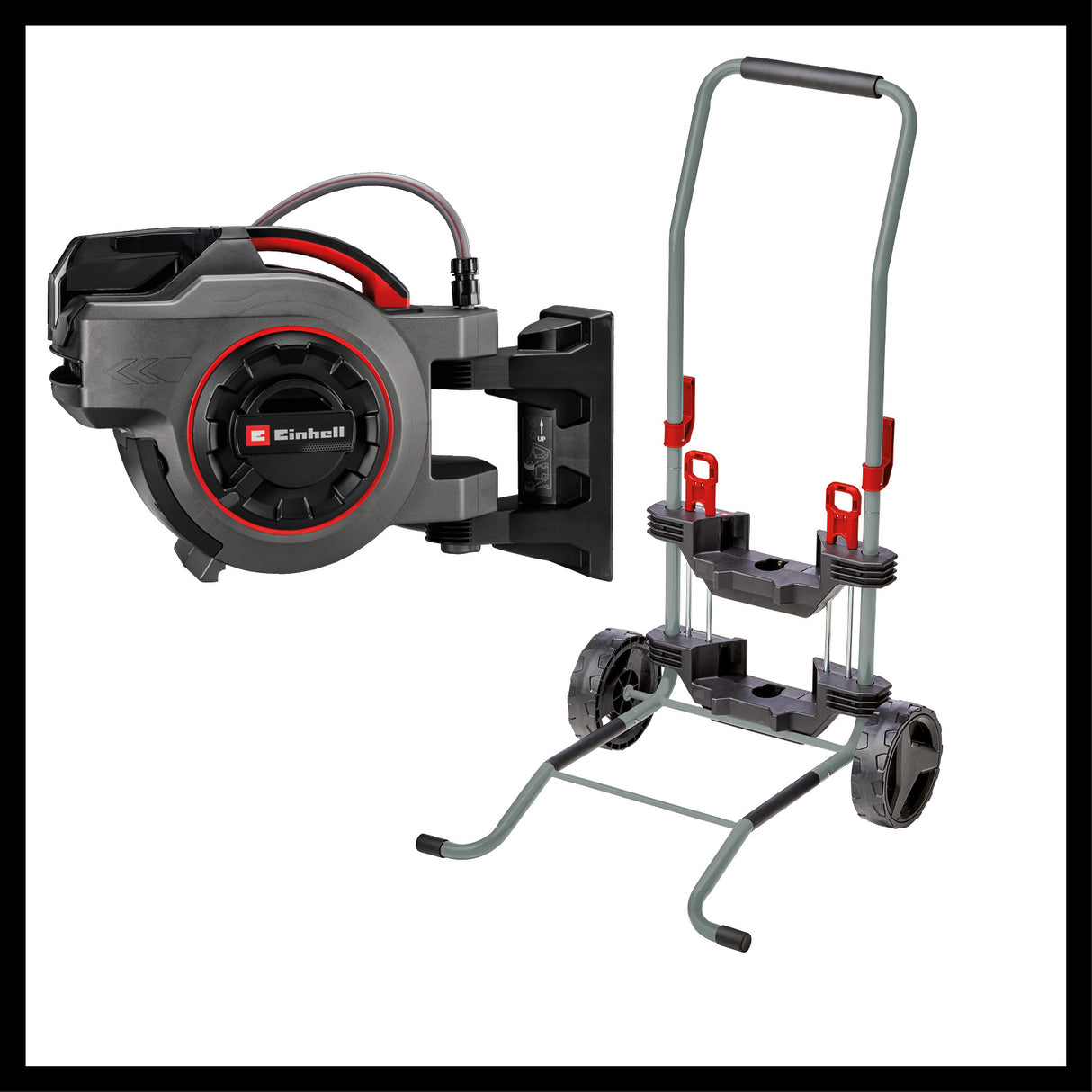 Eredeti Einhell tömlő- és szállítókocsi (tartozékok a GE-HR 18/30 Li és GE-HR 18/30 WH Li akkus tömlődobhoz, kerti hulladékgyűjtő zsákkal és földbe húzható karóval)