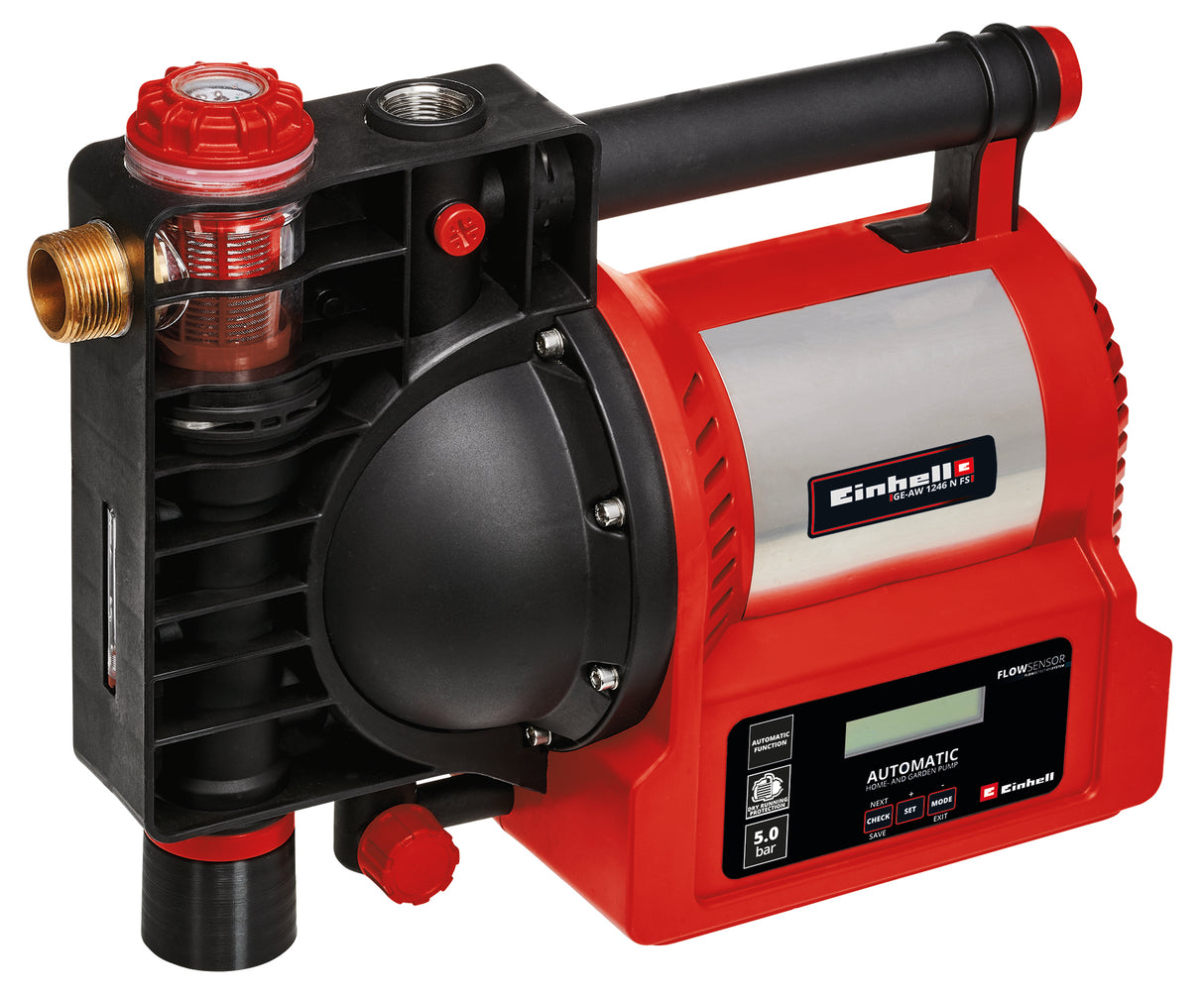 Einhell GE-AW 1246 N FS háztartási vízszivattyú, 1200 watt, vízszintjelző, szennyeződés-/szívásjelző, szárazon futás elleni védelem, forrázás elleni védelem, előszűrő visszacsapó szeleppel, áramlásérzékelő
