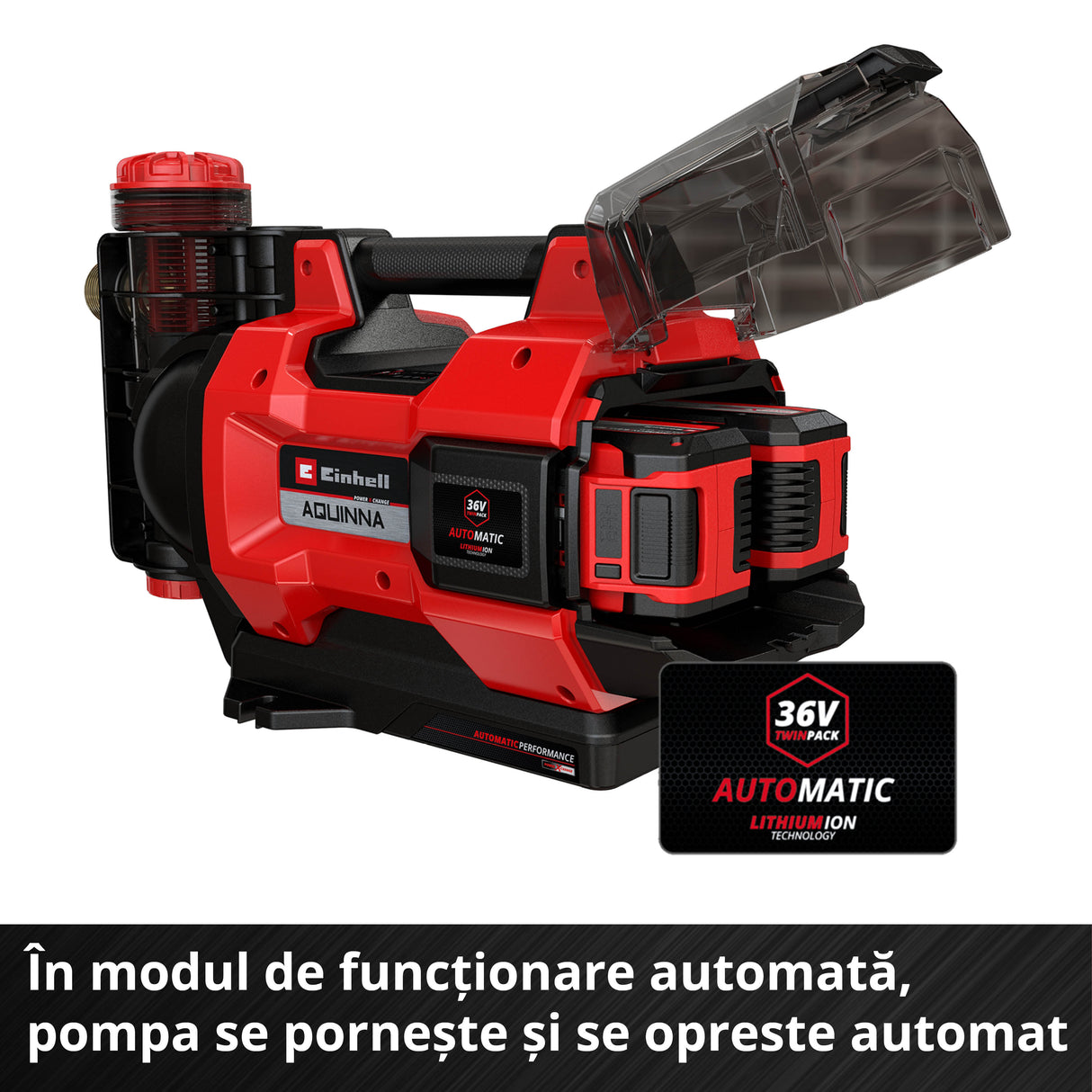 Pompa de gradina automata pe acumulator Einhell AQUINNA 36/38 F LED AUTOMATIC Power X-Change, 36 V, max. 3800 l/h, inaltime de livrare max. 37 m, functie automata, ECO/BOOST, prefiltru, fara acumulator