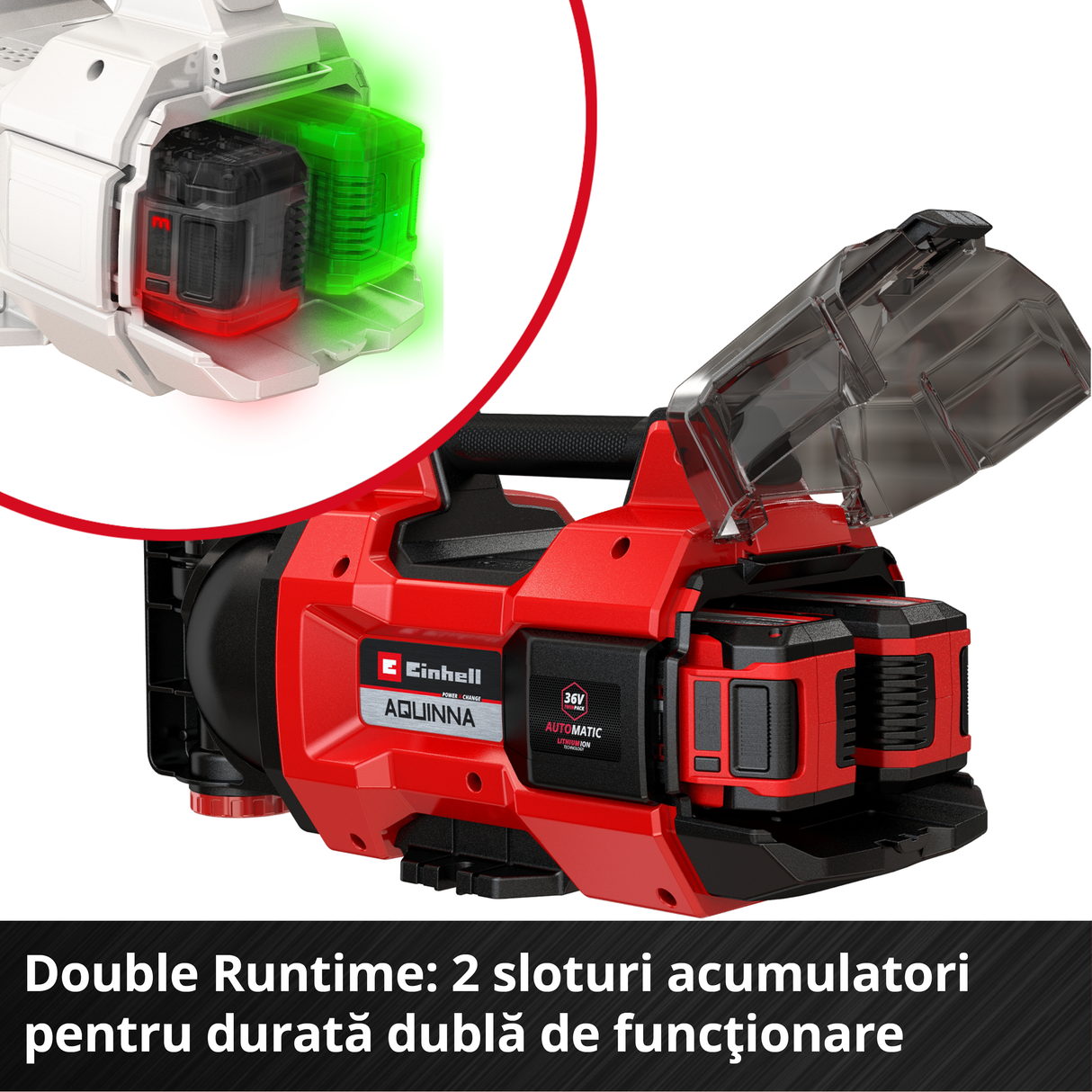 Pompa de gradina pe acumulator Einhell AQUINNA 18/30 F LED Power X-Change (18 V, debit max. 3.000 l/h, 2 sloturi pentru baterii, timp de functionare dublu, moduri ECO/BOOST, prefiltru, fara acumulator