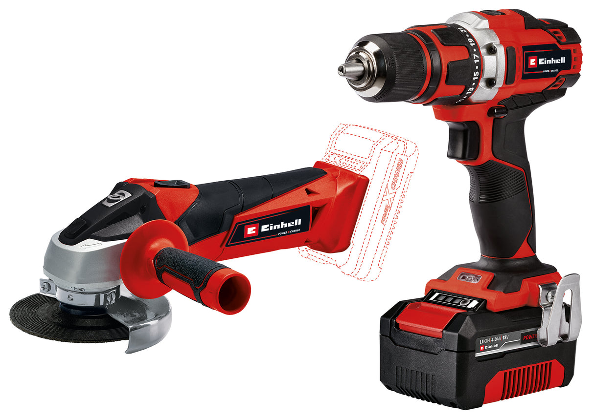 Einhell TE-CD 18/40 Li akkus fúró-csavarozó + TC-AG 18/115 Li Power X-Change akkus sarokcsiszoló, Li-ion, 2x 18 V, 1x 4 Ah akkumulátorral és töltővel, sarokcsiszoló tartozékokkal, bittartóval, táskával