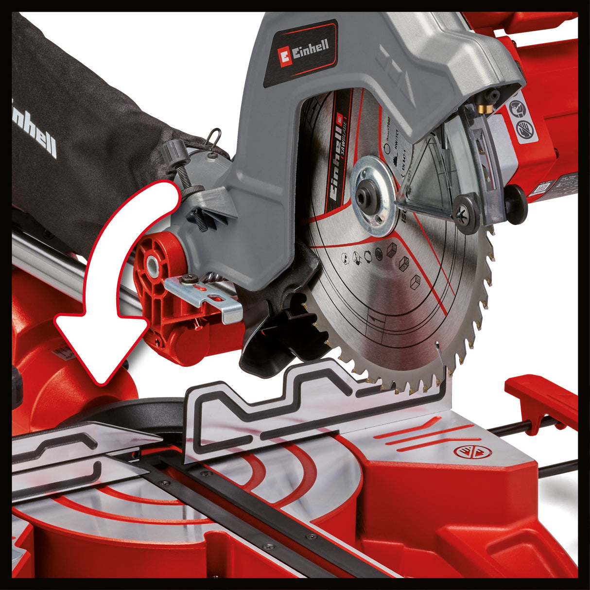 Einhell TC-SM 254 körfűrész, 1900 W, dupla csövű húzófunkció, forgótányér gyorsbeállítással és reteszelő pozíciókkal, lézer, keményfém fűrészlap