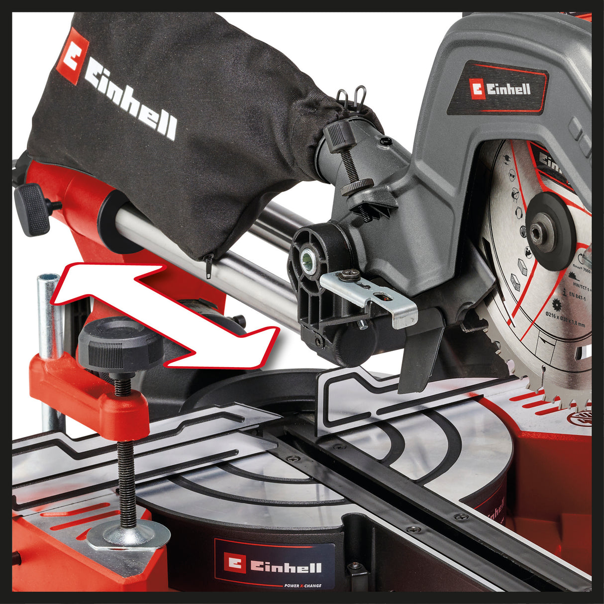 Einhell TE-SM 36/8 L Li-Solo Power X-Change akkus körfűrész (36 V, keményfém lapkás fűrészlap Ø 216, forgó fűrészasztal, tolófunkció, vágóvonal-lézer, akkumulátor nélkül