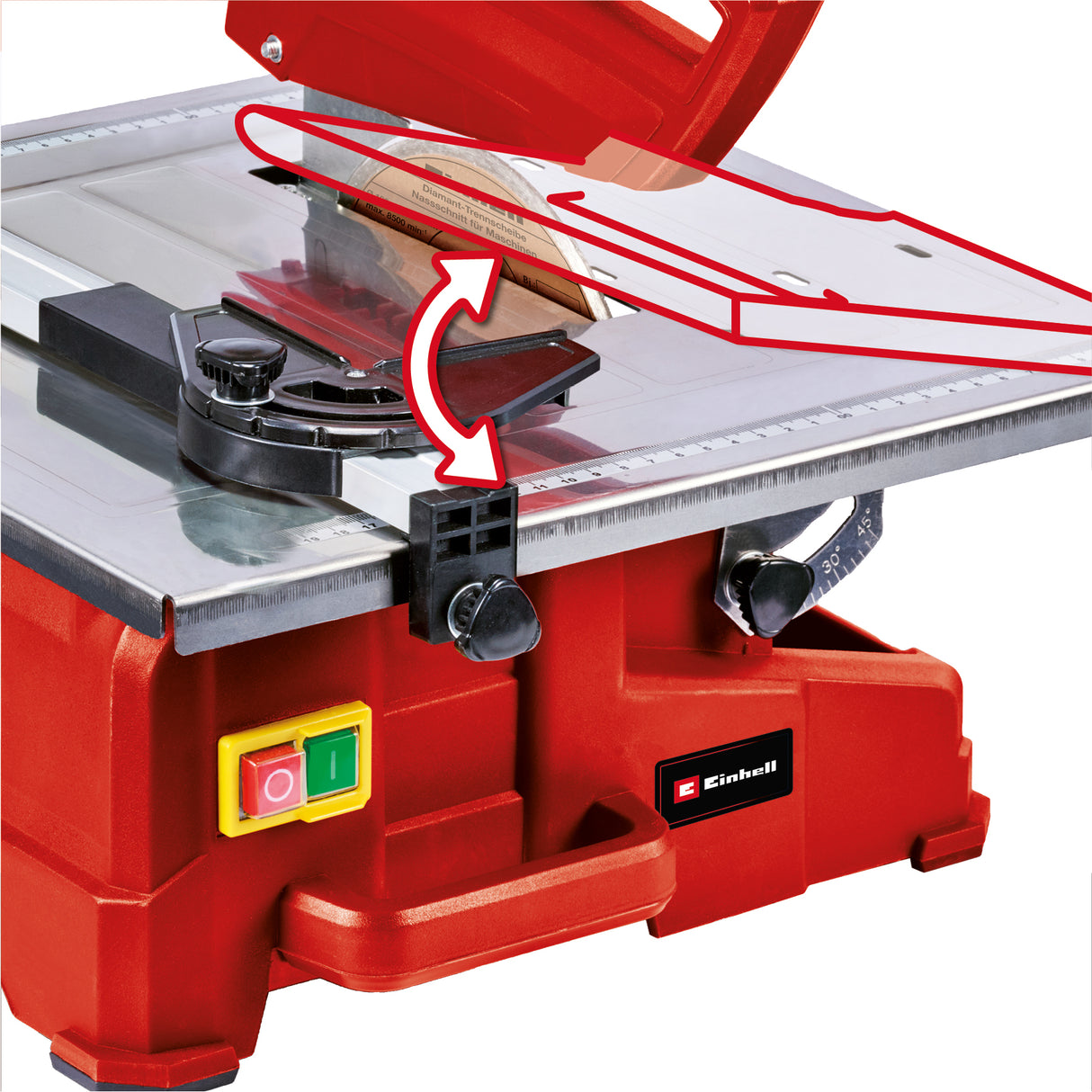 Masina de taiat placi ceramice Einhell TC-TC 800, 800 W, 2950 rpm, masa rabatabila din otel inoxidabil cu scala unghiulara, opritor unghiular reglabil, rezervor de apa, opritor paralel, protectie disc taietor, maner de transport