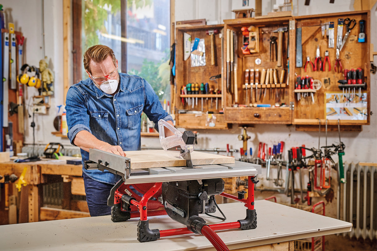 Einhell TE-TS 254 T asztali körfűrész, 2000 W, könnyű indítás, alumínium főasztal, asztalhosszabbító, hosszvezető, szögütköző, túlterheléskapcsoló, hasítóék-állítás