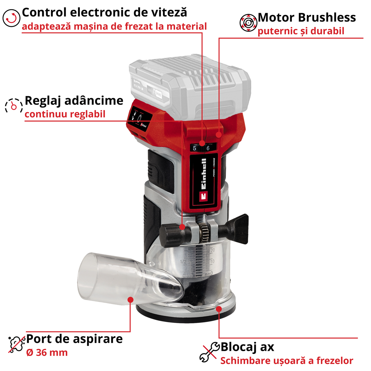 Masina de frezat pe acumulator Einhell Professional TP-ET 18 Li BL-Solo Power X-Change, 18V, Li-ion, inaltime cursa 40 mm, motor fara perii, livrare fara acumulator sau incarcator