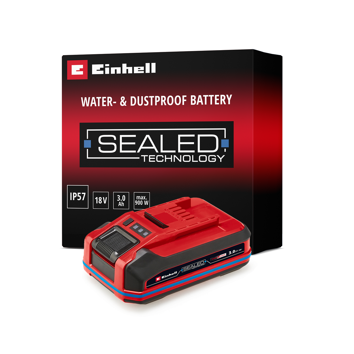 Acumulator Einhell Original 18V 3,0 Ah SEALED Power X-Change PLUS (18 V, protejat impotriva apei si a prafului, clasa de protectie IP57, compatibil cu toate dispozitivele PXC, fara incarcator).
