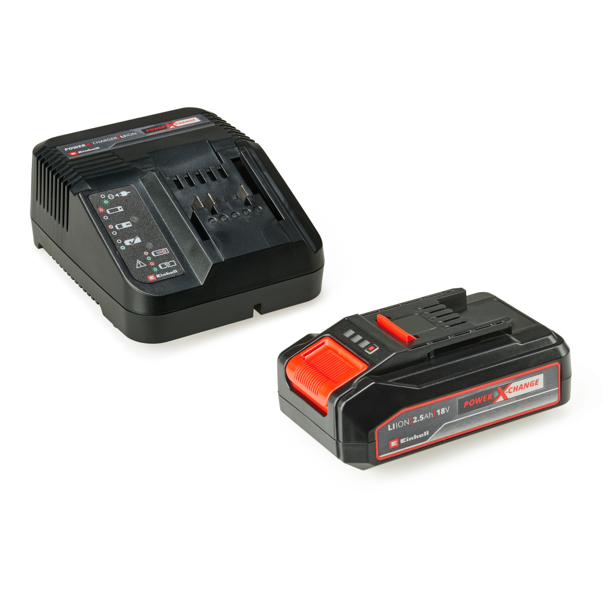Kit acumulator si incarcator Einhell 18V 2.5Ah PXC universal pentru toate dispozitivele PXC, sistem de gestionare a acumulatorului controlat prin proces ABS, afisaj LED in 3 pasi