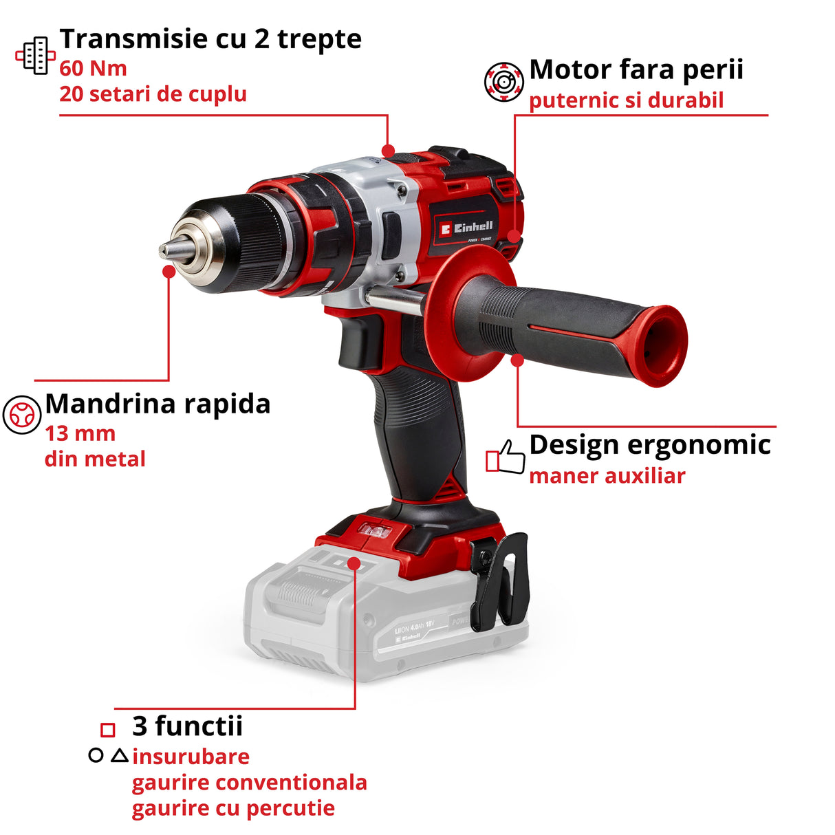 Masina de gaurit si insurubat (bormasina) cu impact Einhell Professional TP-CD 18 Li-i BL Solo Power X-Change, 18 V,motor fără perii, 60 Nm, 2 viteze, mandrină metalică de 13 mm, lumină LED, fara acumulator