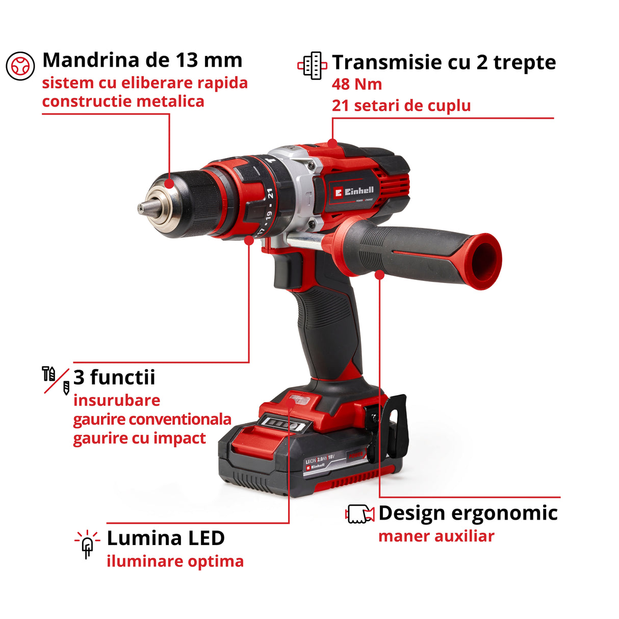 Masina de gaurit si insurubat (bormasina) cu impact pe acumulator Einhell TE-CD 18/48 Li-i Kit Power X-Change, Li-ion, 18 V, 48 Nm, capacitate de gaurire 10 mm in beton, geanta, incl. 2 baterii de 2,0 Ah si incarcator
