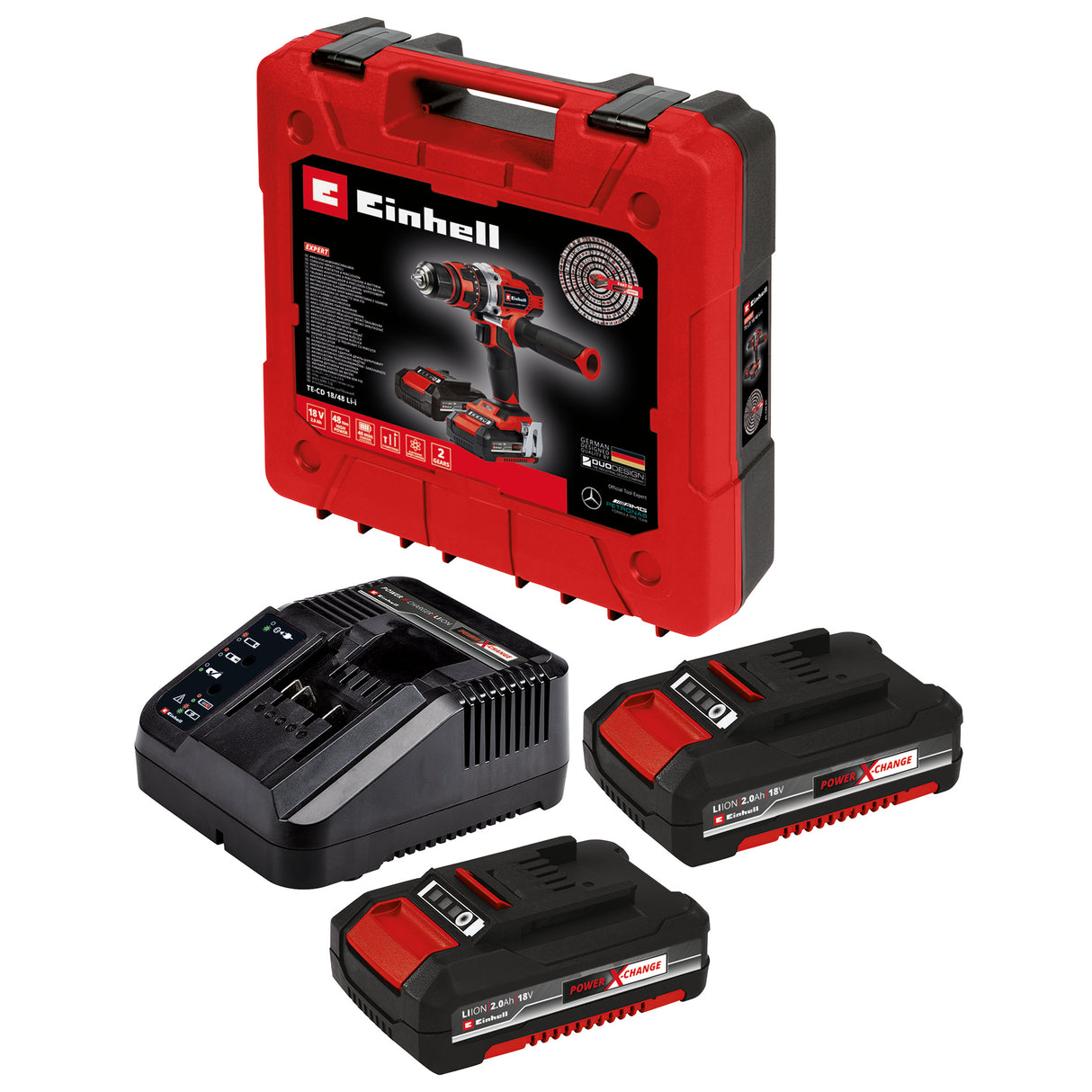 Masina de gaurit si insurubat (bormasina) cu impact pe acumulator Einhell TE-CD 18/48 Li-i Kit Power X-Change, Li-ion, 18 V, 48 Nm, capacitate de gaurire 10 mm in beton, geanta, incl. 2 baterii de 2,0 Ah si incarcator
